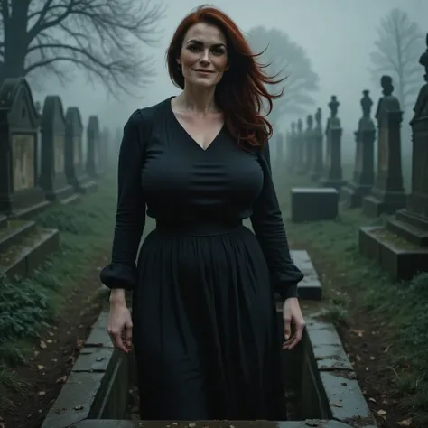 photorealistic, cinematic style, a foggy cemetary. open grave. a woman is standing in the grave. her legs are hidden from the vi...