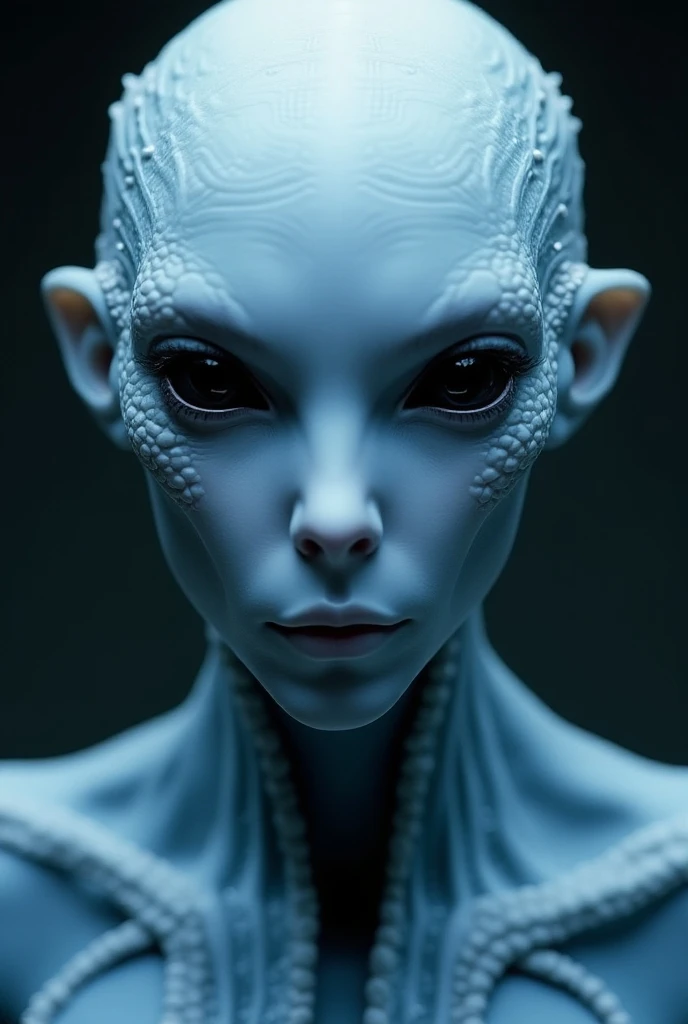 Close up photography, Arcturians are alien creature from planet arcturus, have pale scaly almost translucent blue skin, small noses, bald oval head and black large eyes. They are described to be of "stunning grace and beauty", and also use charcoal and pho...