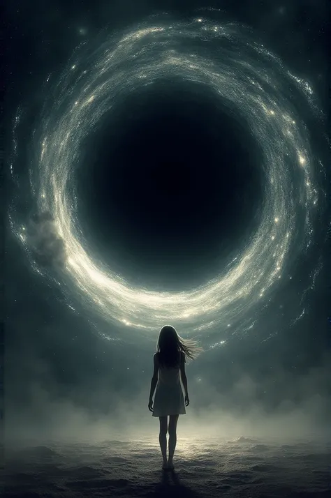 A slim girl, front of black hole, on space 