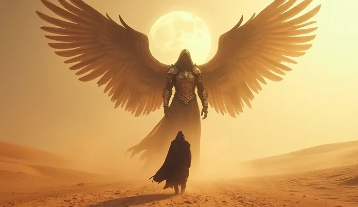 desert, sand, wind, Prophet, Thirst, man in the desert ,  a hooded man walks through the desert, an archangel appears in front of him,  six-winged angel in iron armor, Photo, Photoреалестичное Photo,