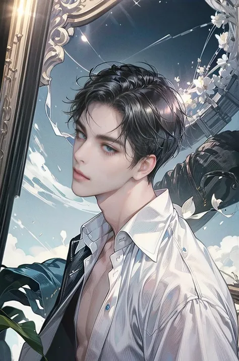 (Masterpiece), (Best Quality), Very detailed, ((low-angle)), Perfect Face, Beautiful Face, Very detail, (short black-haired man with blue eyes), night, white shirt, white rabbit, stunning, open shirt, cold shadow, seductive