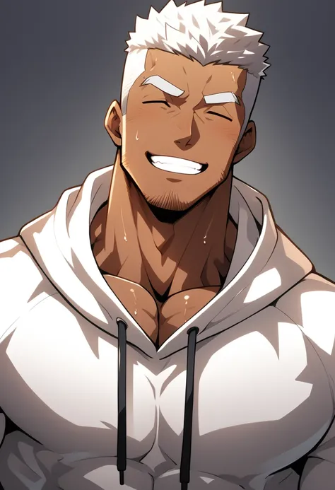 One Black person, anime characters：Gyee, Young Muscle Sports Sexy Teacher, sweat, negro black skin, pectoralis major, male focus, White hooded sports sweatshirt, Wear a black high-necked tights inside, Very tight, muscular male, muscular, only, Upper body,...