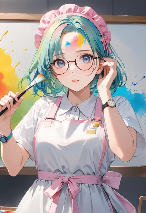 pastel, 1 woman, protective glasses on your forehead ,Wearing an apron,Stained with paint ,Colorful paint,The background is white, Put some paint on your forehead , like drawing a picture with a brush,masterpiece,Best Quality,Exquisite,8k, absurd, super detailed illustration ,(Watch the audience)