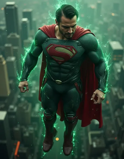 full body shot of a muscular attractive Nicholas Alexander Chavez with an undercut haircut combed back, short beard,  shirtless, wearing a tattered and torn Superman suit, Wearing a Superman suit, His chest displays the iconic "S" symbol. Supermans traditi...