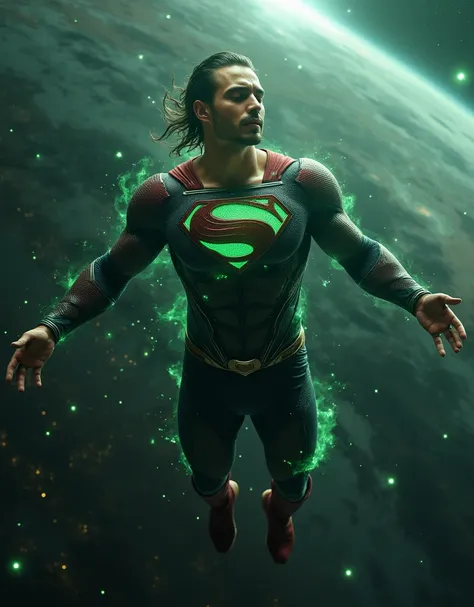 full body shot of a muscular attractive Vicente Felipe with an undercut haircut combed back, short beard,  shirtless, wearing a tattered and torn Superman suit, dark red boots, he is floating almost unconscious in space, with a stunning view of the Earth, ...