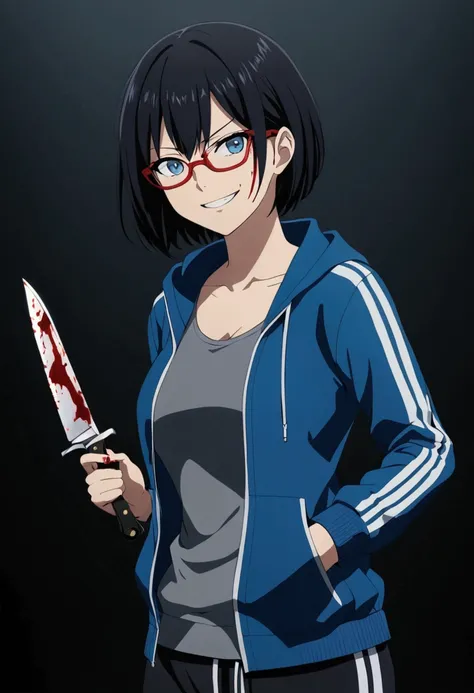 an anime girl in a blue sports jacket standing, 1girl, solo, black hair, blue eyes, looking at viewer, breasts, blue jacket, long black track pants, short hair, breasts, long sleeves,anime screencap, evil smile, tilt head, blood, blood stain, blood face, g...