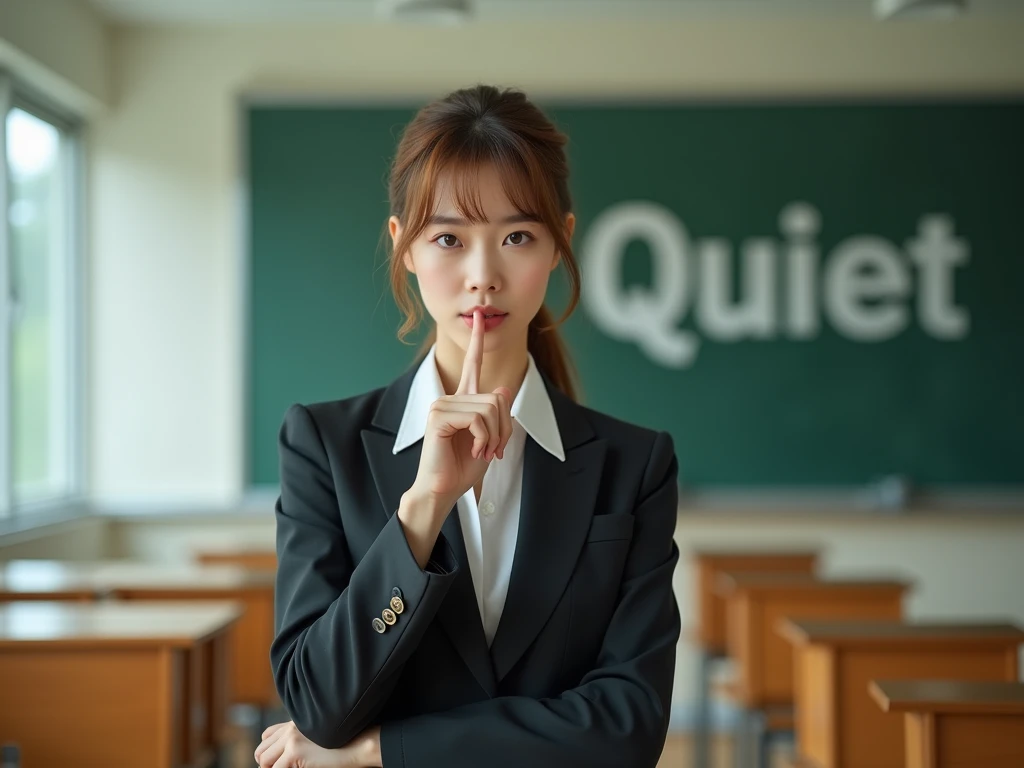 Standing in a school classroom, a beautiful Japanese teacher in her early 20s, impeccably dressed, light brown hair, stylish, seductive, gracefully holds her index finger over her mouth, posing to encourage her students to be quiet. Realistic photo. The wo...