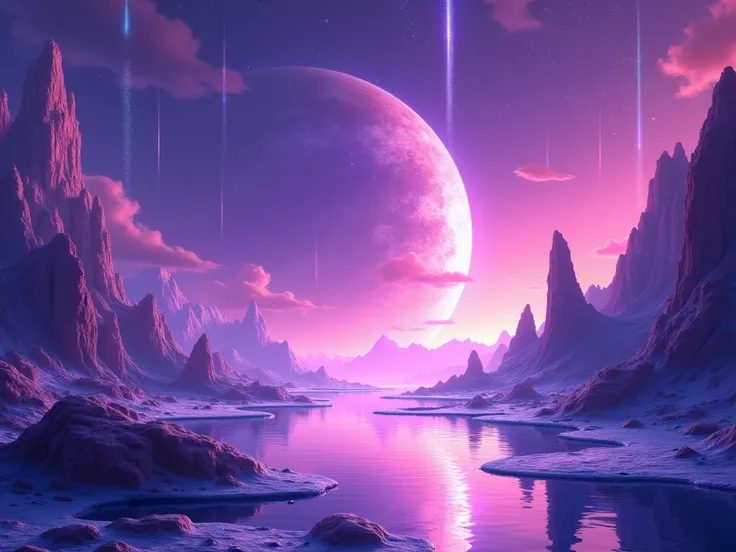 Disney Pixar drawing style,  The sky is purple and shimmering , The light from the sky , , which had a bright purple hue ,  hit the crystals , , making the entire planet look like a mirror room.