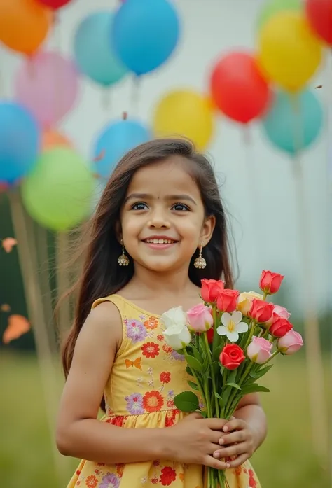 a girl holding flowers, wearing frockcolorful balloons floating in the sky, meadow, dancing, holding flowers, happy, happy, perf...