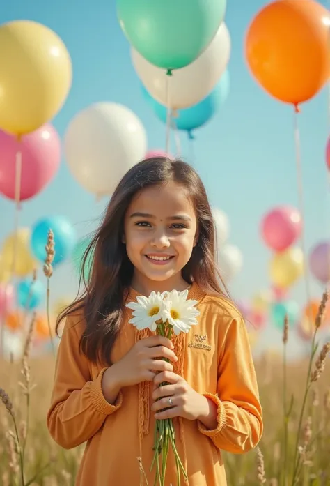 a girl holding flowers, colorful balloons floating in the sky, meadow, dancing, holding flowers, happy, happy, perfect quality, ...