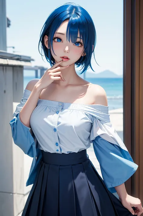 (masterpiece, best quality:1.2), (8k, extremely detailed CG), rem_re_zero, 1girl, (blue eyes, blue hair, short hair, hair over one eye), (off-shoulder shirt, pleated skirt), dynamic pose