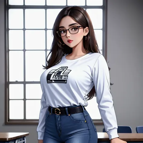 a cute petite short skinny girl, long volumetric hair, one wearing glasses, beautiful detailed brown eyes, cutely detailed lips,...