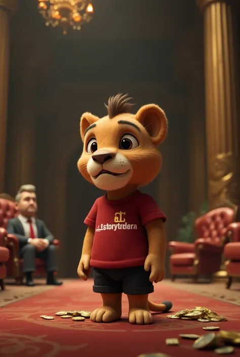 Create a image of a 3D animation cute baby lion, midiam size brown hair, wearing a black Shorts, a red t-shirt with the text Ai_storyteller,Create a contrasting scene where Ramen and Deepak visit the luxurious mansion of a wealthy merchant. The mansion is ...