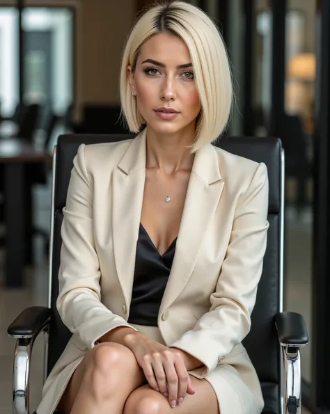 A stylish office portrait of a beautiful 22-year-old woman with short platinum blonde asymmetrical cut with one side significantly shorter on the right than the other. On the right side, the short side descends to the mouth and is placed behind the ear, w...