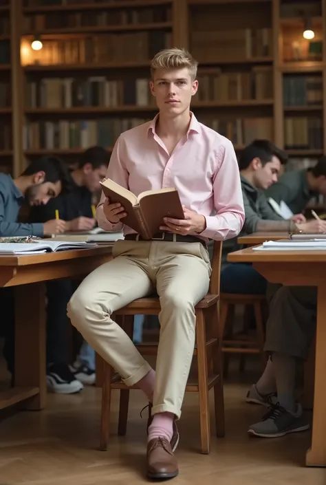 full body view, a young blonde handsome white french guy with undercut preppy haircut, brown eyes, strong pointed nose, wearing light-pink shirt, beige chino preppy pants, light-pink socks, dark-brown suede fine shoes, golden signet ring, studying at the l...