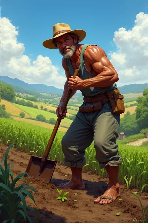 A farmer digging into the field 