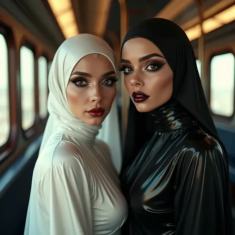 depth of field video trailer shot of two shiniest fashionable glamorous teenage women, dramatic striking Arabic oriental satin blouse and latex tunic, heavily made up. very striking and expressive shiny clothes and eyes,  accentuated tight latex and satin ...