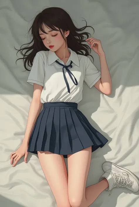 A sexy Korean woman sleeping floor in sneakers, a school uniform