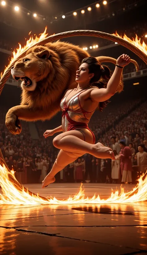 a lion holding a burning hoop for a female human to jump through it, woman wearing red and white leotard, wearing high heels, th...