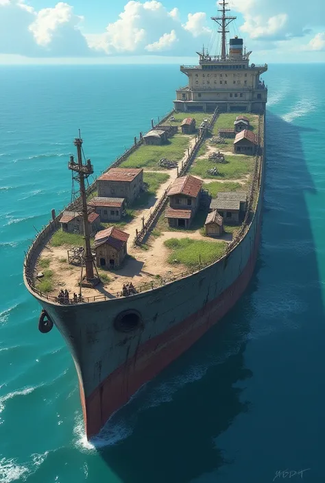 Post-apocalyptic, The open sea, A giant tanker that drifts, Build a village on a tanker ship, shabby barrack shed, field, Ranch, anime, panorama, UHD, super detail, high details, high quality