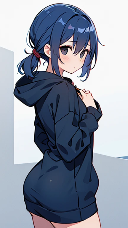 (( Woman with navy blue hair tied back and black eyes)),((Shes wearing a hoodie   )),bangs, hair between eyes 