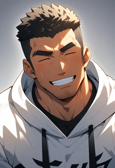 One Black person, anime characters：Gyee, Young Muscle Sports Sexy Teacher, sweat, negro black skin, pectoralis major, male focus, White hooded sports sweatshirt, Wear a black high-necked tights inside, Very tight, muscular male, muscular, only, Upper body,...