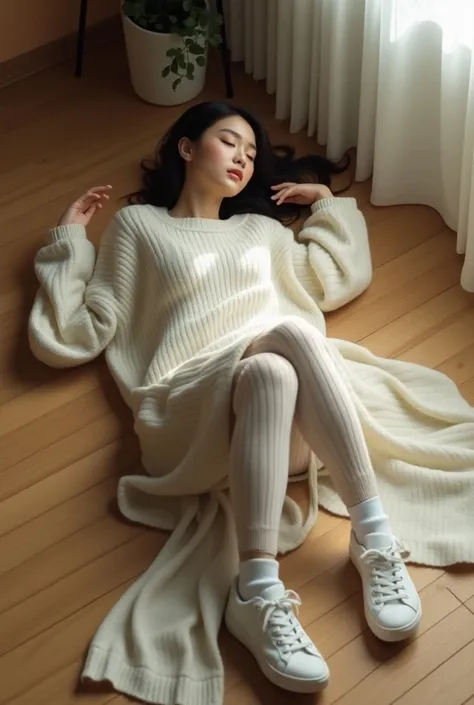 A sexy Korean woman sleeping floor in sneakers, a sweater 