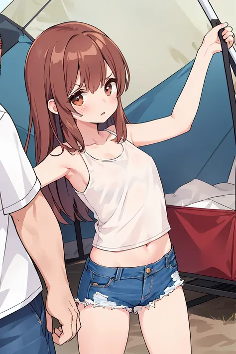 Viewer discretion advised、Best Quality、 1 girl, Small breasts、Girls have slender bodies、Reddish brown hair、 straight hair、 white tank top、 denim hot pants、Campsite、tent、(((One middle-aged man)))、(((A man grabs a girl&#39;s breasts)))、 girl with troubled fa...