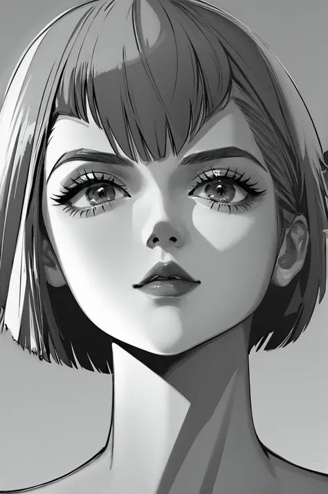 1girl, solo, monochrome, greyscale, bob cut, short hair, portrait, black turtleneck, closed mouth, bangs, from below, looking up...