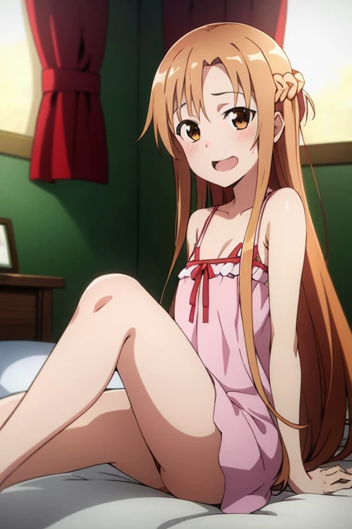 ((Best Quality)), ((masterpiece)), (be familiar with),  perfect face, indoor, bedroom,  watching viewers,
One woman, Yuuki Asuna,
Open Mouth, Ecstatic expression, blush, smile,
Small breasts,  flat chest, , , child, Girl,
Long Hair,  long hair,
Leg spread,