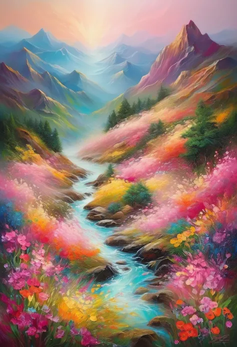 A delicately vibrant mountain range depicted in soft pinks and floral hues, cascading abstractly across the canvas in an acrylic painting. Each peak and valley is intricately detailed, with layers of swirling colors creating a sense of depth and movement. ...