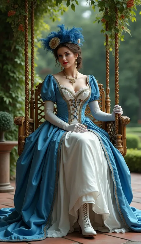  The full height of a beautiful girl with a gorgeous figure 35-40 years old, she is a countess , sitting on a swing in the palace garden park , holding an umbrella and a fan , plump lips, red lipstick, precious necklace, драгоценные earrings,  wearing a lu...