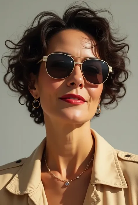 Woman of 50 Years. Short curly and curly hair. with sunglasses.