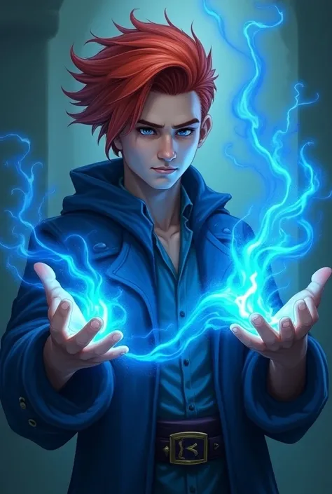 I want to create a man of about 21 years old with red hair and short mullet type who is a wizard and has blue magic coming out of his hands 