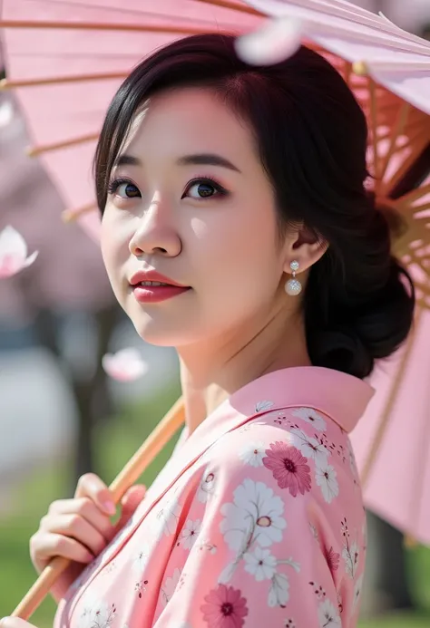 an elegantly dressed japanese woman in natural light. a close-up of her chest and calm expression. it shows her inner peace and ...