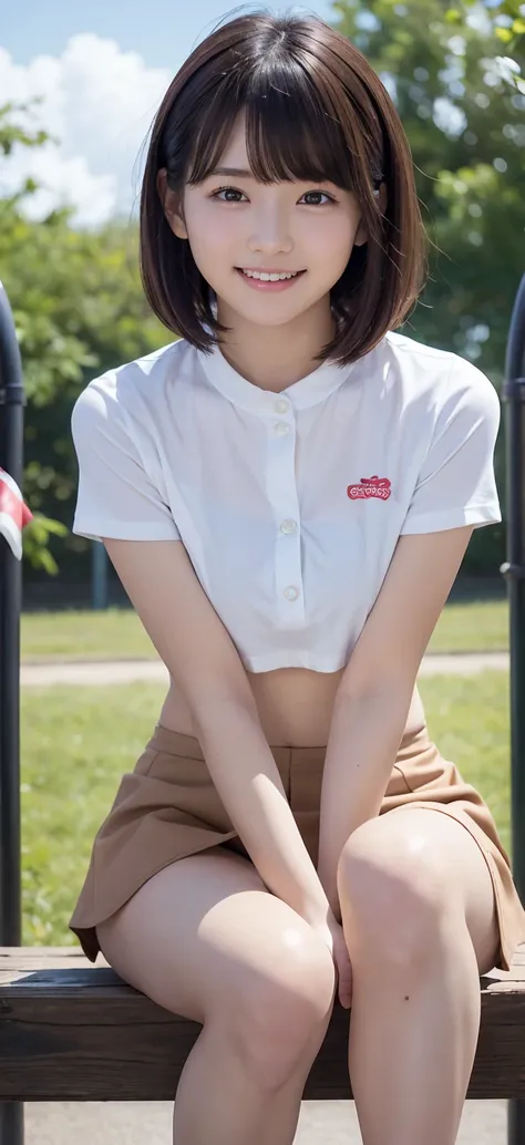 One beautiful girl, Sitting, Knees to chest, Hug your legs, From the side, (Cropped shirt, micro mini skirt:1.3), (18 years old:1.3), break, (Park playground equipment background), break, Shy laugh, baby face, Very beautiful eyes, (Symmetrical eyes:1.3), b...