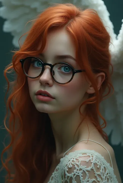 a girl with long red curly hair and blue eyes. this girl still has glasses and her eyes are lined with eyeliner.  this girl is very much in love with a blonde-haired, blue-eyed angel in armor. but they cant belong to each other because shes human... 