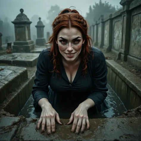 photorealistic, cinematic style, a foggy cemetary. open grave. a woman is climbing out of the grave. her legs are hidden from th...