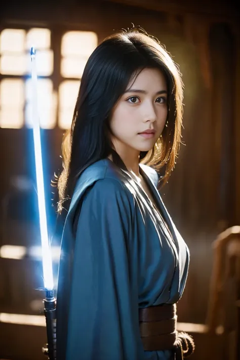  Star Wars , Jedi Master, woman, Beauty, Cute face, ,  wear a Jedi robe, A lightsaber in your hand ,  the blade burns blue , Jedi Temple、 long hair、Black Hair、 straight hair、Smooth Hair