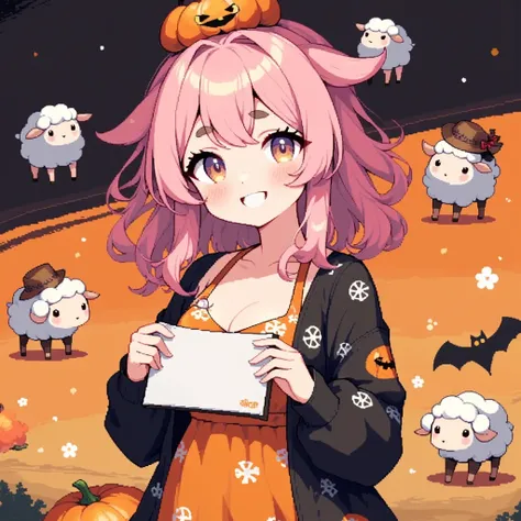 1girl, Alone, cute, Pink fluffy hair, Thick eyebrows,  big smile,  jack-o-lantern-looking hat, Pumpkin-colored dress ,  black cardigan with spider webs , cowboy shot,  holding a sketchbook in front of my chest , ”Thank you  for the 20k favorites♥", cute sheep doodle , Orange and black background,  cute ghosts are flying in the sky , Bat silhouette, 