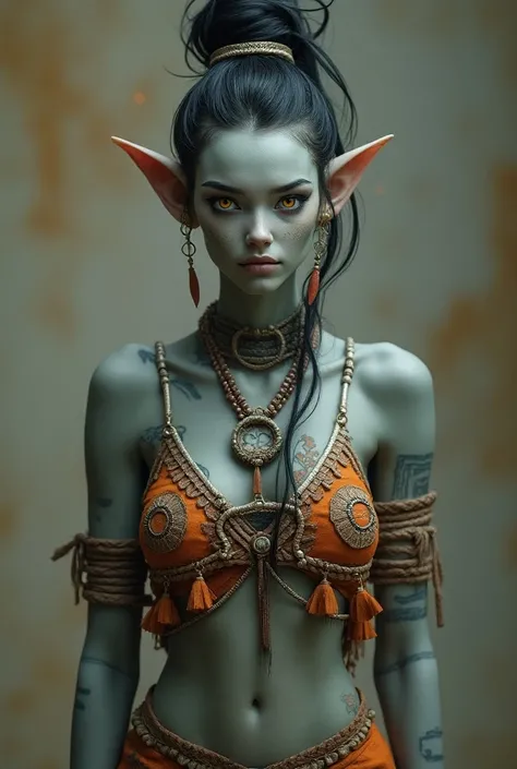 A humanoid female with light blue-gray skin and light orange irises, very small poited hears stands She is 1.8 meters tall, with an extremely defined, athletic physique, and human-like features. Her intricade dark-orange hair is tightly tied back into a hi...