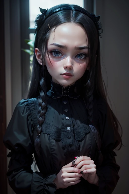 (enigmatic:1.2) wednesday addams captivating the camera for a dating site, (dark:1.1) aura, (mischievous:1.2) smile, (piercing:1...