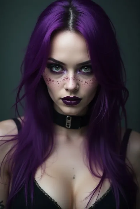 Alternative girl with long purple hair. Freckles. Pale skin. Chubbier than average. Strong make-up. 