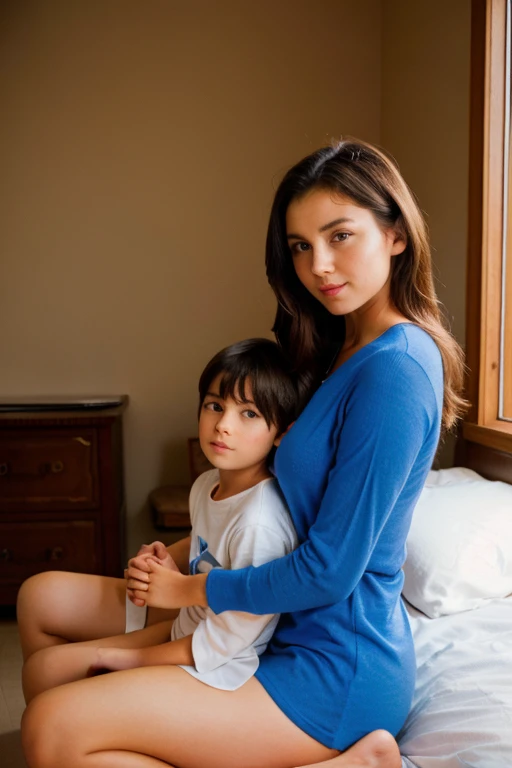 young boy sitting on his mother's lap in a cozy bedrooms, blue appropriate underwear clothes. mommy and son, 1boy, thick thighs,...