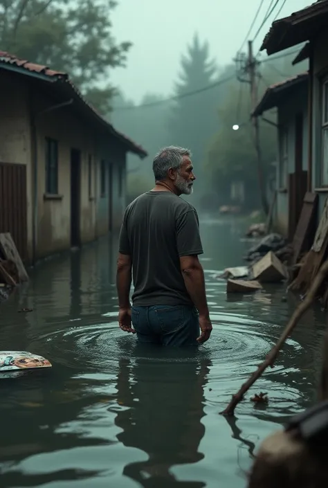 A man and his home in floods