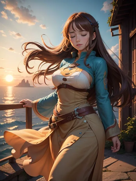 ((best quality))) (((HD))) (((8k))) (character) 20-year-old woman, mature, ((adventurous)) elf, ((beautiful)) and ((happy)), ((brown hair)) and ((very long hair)), voluptuous, large breasts thick thighs, wide hips, beautiful curves, ((long skirt)) and (long dress)), light fantasy leather armor, fully clothed, red and brown, in the style of the anime (nausicaä of the valley of the wind:1.2), cute, wood elf solo, solo focus, (freckles) looking at viewer, in abandoned ruins, long hair blowing in wind blushing determination, 8k, extreme detail, sketch art, Summer evening, She closed her eyes, Standing barefoot, Her long hair blowing in the sea breeze is her defining feature, The soft light of the setting sun beautifully illuminates her silhouette, senran kagura