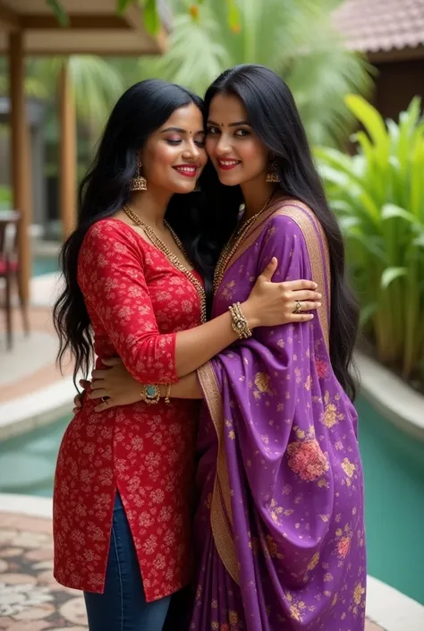 A 28 year old indian busty women ((Large breast)) wears red printed Kurti with jeans and other 28 year old indian busty women ((Large breast)) Purple Banras Printed Saree with long sleeve blouse and hugging in back view pose at Resort, Smile,High resolutio...