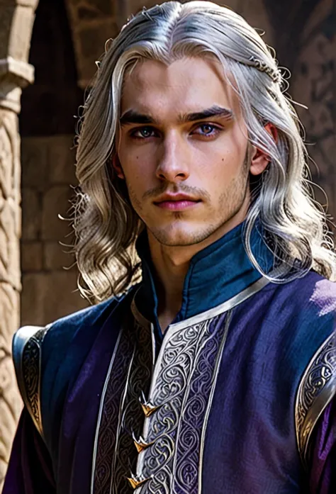 Raegar, Male, long hair, straight silver hair, deep purple eyes, angular face with defined chin, tall, thin and elegant body, blue clothes, medieval clothes, 20 years old, Targaryen 