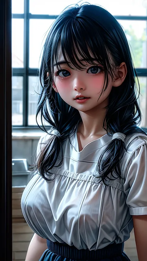 8k、cute、Adult female、   Details、 White blouse、Navy bloomers in the school gym、 black eyes 、   Black Hair   、sexy、   random pose   、 random hairstyles、Reflected Light,    chiaroscuro   ,   written border depth , Cinema Lighting,    ray tracing , Sony FEGM, ...