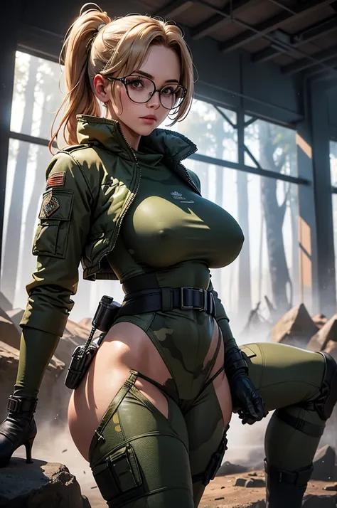 realistic 1.2, 1 woman, 25 years, Best sexy breasts , tactical vest, full, camouflage uniform,  Gulf War style suit , coldre de perna, athletic, scarf, boot, glasses, thin waist,  Gulf War style suit , full, camouflage uniform, wealth of details,  tight pa...